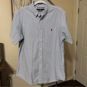 Ralph Lauren Men’s Seersucker Button Down Shirt Large Short Sleeve Blue Red Pony